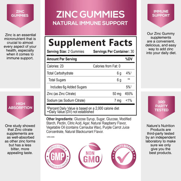 Zinc Gummies 50mg - Immune Support & Antioxidant Supplement, Delicious Natural Flavor Gummy, Vegan, Gluten & GMO-Free, Chewable Vitamin, for Adults & Kids - 60 Gummies