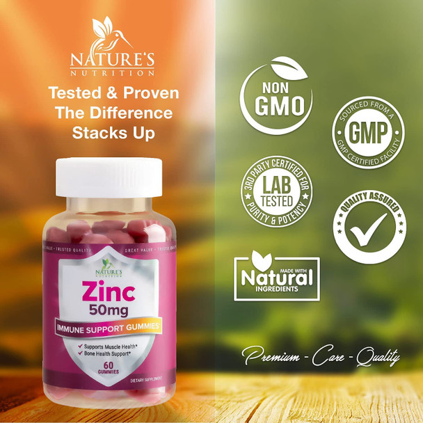 Zinc Gummies 50mg - Immune Support & Antioxidant Supplement, Delicious Natural Flavor Gummy, Vegan, Gluten & GMO-Free, Chewable Vitamin, for Adults & Kids - 60 Gummies