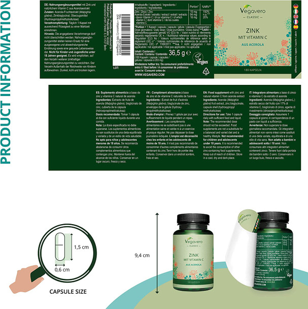 Zinc Bisglycinate Vegavero® | with Natural Vitamin C | 180 Vegan Capsules (6 Months Supply) | 15mg = 150% NRV per Capsule | NO Additives