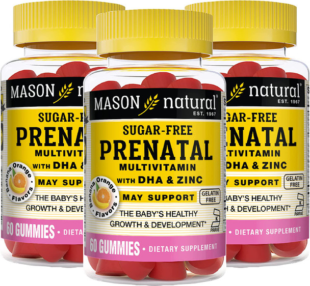 Mason Natural Sugar Free Prenatal Multivitamin with DHA & Zinc - Supports Baby's Growth and Development, for Pregnant and Lactating Women, Kosher, Banana Orange Flavor, 60 Gummies (Pack of 3)