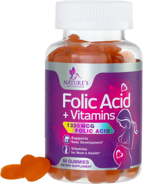 Folic Acid Gummies (2225 mcg DFE) Prenatal Vitamins for Mom & Baby - Before, During, Post Pregnancy, Multivitamin Supplement with Vitamin A, C, D, E, B6, B12 - Nature's Peach Gummy - 60 Gummies