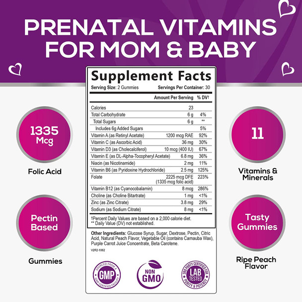 Folic Acid Gummies (2225 mcg DFE) Prenatal Vitamins for Mom & Baby - Before, During, Post Pregnancy, Multivitamin Supplement with Vitamin A, C, D, E, B6, B12 - Nature's Peach Gummy - 60 Gummies