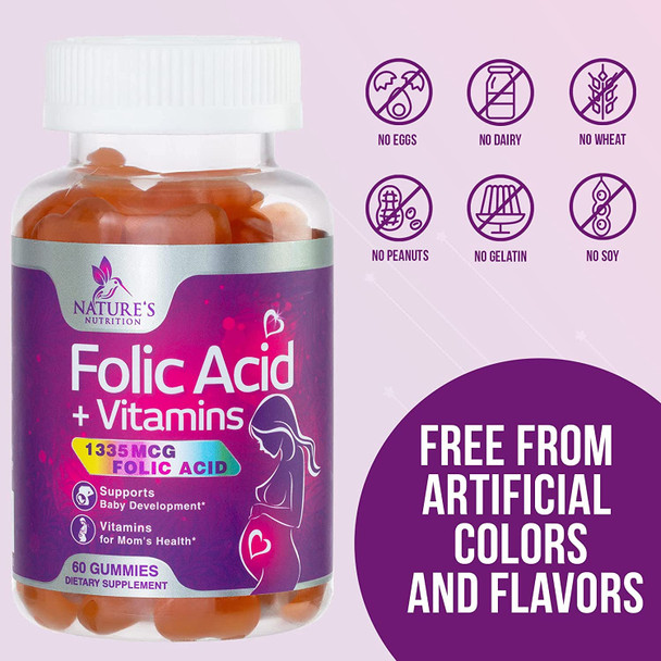 Folic Acid Gummies (2225 mcg DFE) Prenatal Vitamins for Mom & Baby - Before, During, Post Pregnancy, Multivitamin Supplement with Vitamin A, C, D, E, B6, B12 - Nature's Peach Gummy - 60 Gummies