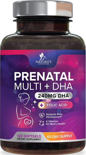 Prenatal Vitamin with DHA - Pregnancy Vitamins for Women - Nature's Daily Multivitamin Supplement with Vitamin A, C, D3, B12, Folate, Omega-3, Iron & Zinc, Non-GMO - 120 Softgels