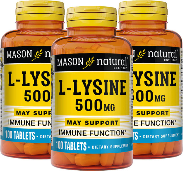 Mason Natural L-Lysine 500 mg with Calcium - Improved Immune Function, Enhanced Nutrient Absorption, Essential Amino Acid, 100 Tablets (Pack of 3)