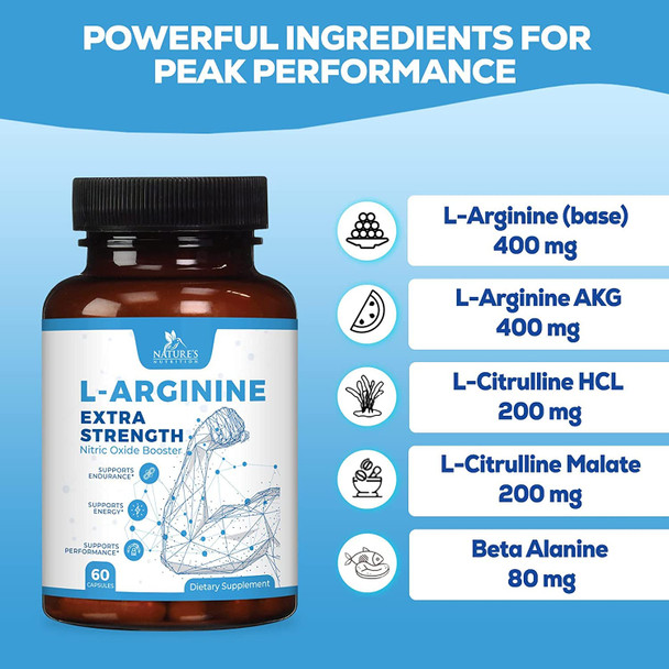 L-Arginine Complex - Essential Amino Acids for Energy, Muscle & Vascular Health Support - Nitric Oxide Booster with Citrulline, Beta Alanine & Calcium - Supports Exercise & Recovery - 60 Capsules