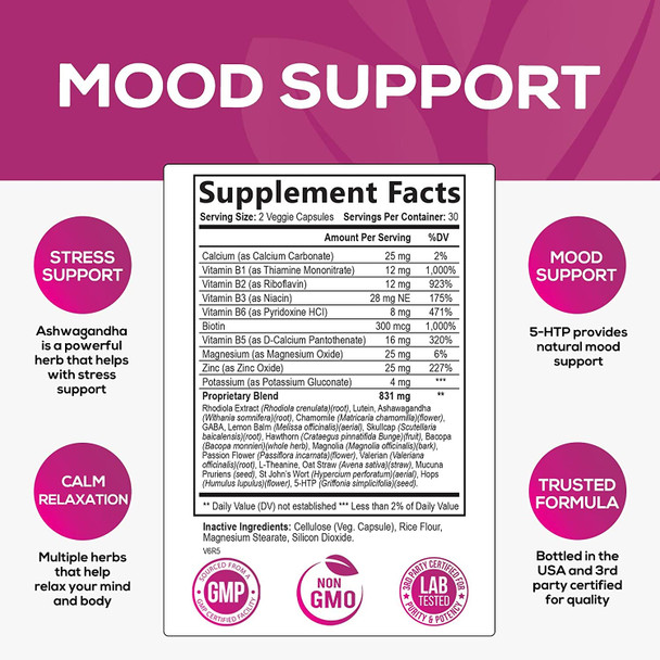 Stress Support & Mood Boost Herbal Supplement - Contains Ashwagandha, L-Theanine, 5HTP, GABA, & B Complex Vitamins - Calm Mind, Natural Relaxation, & Nature's Stress Support - 60 Capsules
