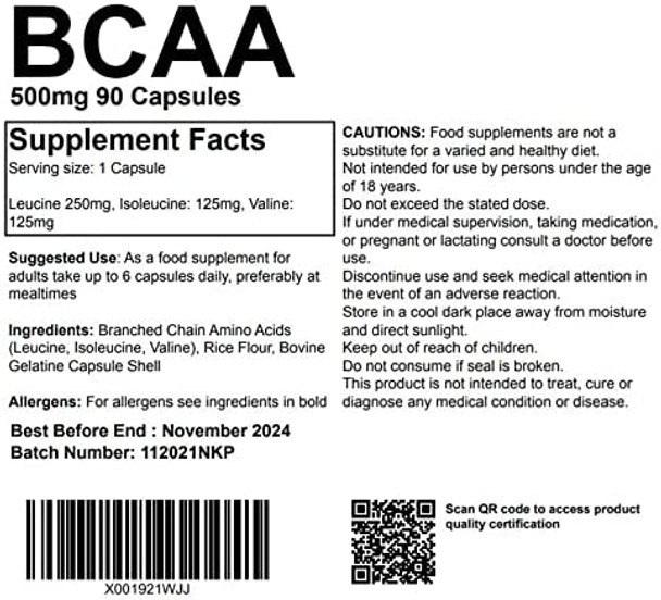 BCAA - Branch Chain Amino Acids 500mg 90 Capsules - Muscle Building and Strength gain Supplement UK Made. Pharmaceutical Grade