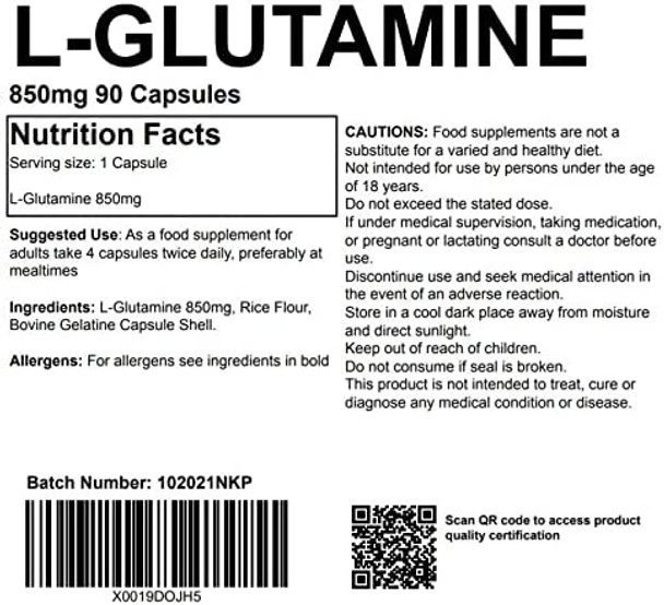 L-Glutamine 850mg 90 Capsules - Muscle Recovery UK Made. Pharmaceutical Grade