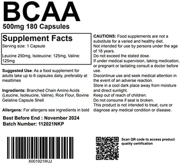 BCAA - Branch Chain Amino Acids 500mg 180 Capsules - Muscle Building and Strength gain Supplement UK Made. Pharmaceutical Grade
