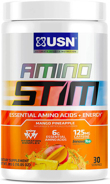 USN Amino Stim EAAs (Essential Amino Acids) + Energy, 125mg Caffeine, 6g Essential Amino Acids, Hydration Complex, Muscle Growth Recovery, Mango Pineapple, 10.05 Ounce (Pack of 1)