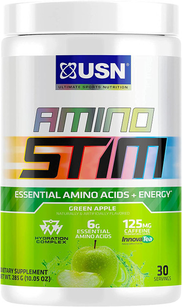 USN Amino Stim EAAs (Essential Amino Acids) + Energy, 125mg Caffeine, 6g Essential Amino Acids, Hydration Complex, Muscle Growth Recovery, Green Apple, 10.05 Ounce (Pack of 1)