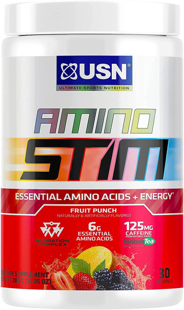 USN Amino Stim EAAs (Essential Amino Acids) + Energy, 125mg Caffeine, 6g Essential Amino Acids, Hydration Complex, Muscle Growth Recovery, Fruit Punch, 10.05 Ounce (Pack of 1),30 Serving,F1AMS0002030
