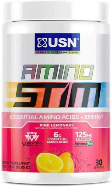 USN Amino Stim EAAs (Essential Amino Acids) + Energy, 125mg Caffeine, 6g Essential Amino Acids, Hydration Complex, Muscle Growth Recovery, Pink Lemonade, 10.05 Ounce (Pack of 1), 30 Serving