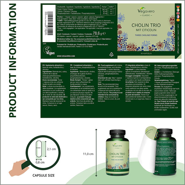 Choline Complex Vegavero® | 3 Forms: Bitartrate, CDP & Phosphatidyl | NO Additives | 90 Vegan Capsules