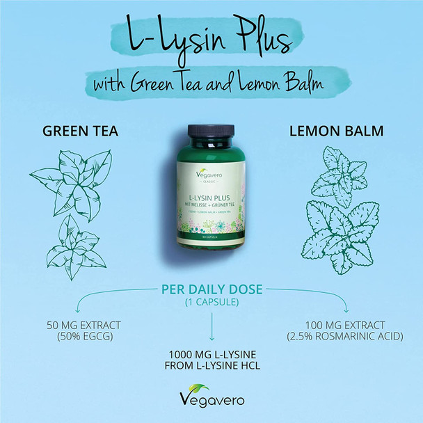 L-Lysine 1000mg Vegavero® | NO Additives | Synergistic Formula with Green Tea and Lemon Balm Extracts | 180 Vegan Capsules