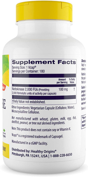 Healthy Origins Nattokinase 2, 000 FU's Multi Vitamins, 100 Mg, 180 count, Pack of 1