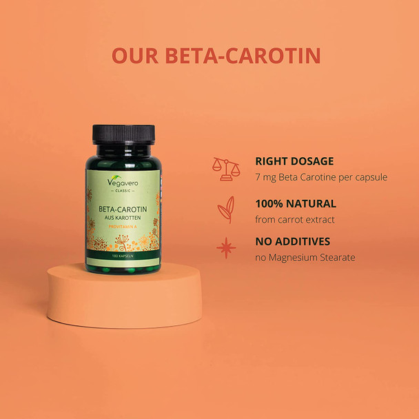 Beta Carotene Vegavero® | 180 Capsules | Tan Accelerator | 100% Natural Source of Vitamin A | Vegan