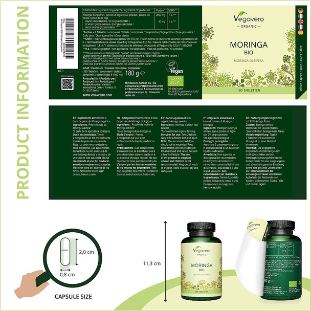 Moringa Oleifera 2000mg Vegavero® | 100% Organic | 180 Vegan Tablets | NO Additives & Non-GMO | Natural Source of Proteins, Vitamins & Minerals