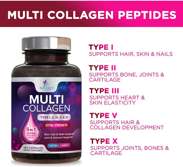 Multi Collagen Pills 1000mg - Extra Strength Hydrolyzed Collagen - Advanced Peptides Complex 5-in-1 Types I, II, III, V, X - Supports Healthy Skin, Hair, Nails & Joints Supplement - 180 Capsules