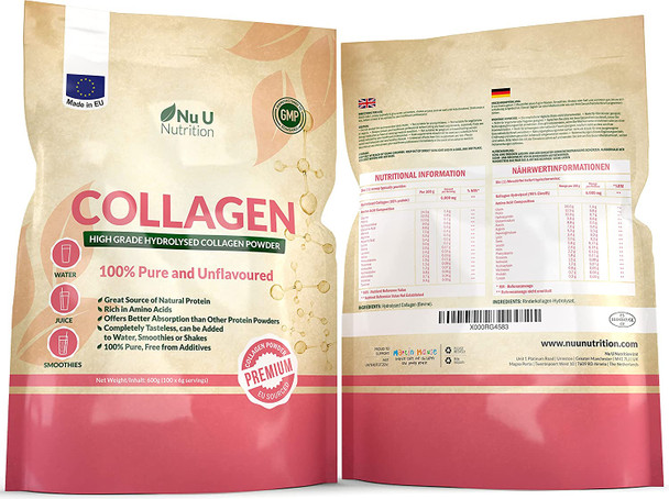 Collagen Powder 600g, Protein High Grade Unflavoured Hydrolysed Collagen Peptides, Made in The EU, Pure Bovine 100% Collagen Hydrolysate, Resealable Pouch