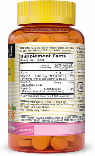MASON NATURAL Kids Cod Liver Oil with Vitamin A, C & D - Improved Immunity, Healthy Heart and Brain Function, Supports Overall Health, Orange Flavor, 100 Chewables, 3 Count