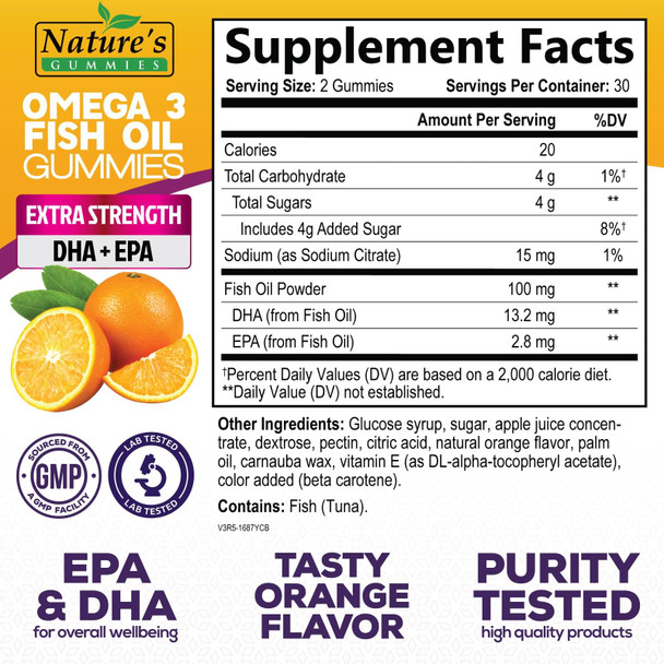 Omega 3 Fish Oil Gummies Tasty Natural Orange Flavor Extra Strength DHA & EPA, with Heart-Healthy Omega 3s, Brain Support and Joints Support, Delicious Gummy Vitamin for Men & Women - 60 Gummies