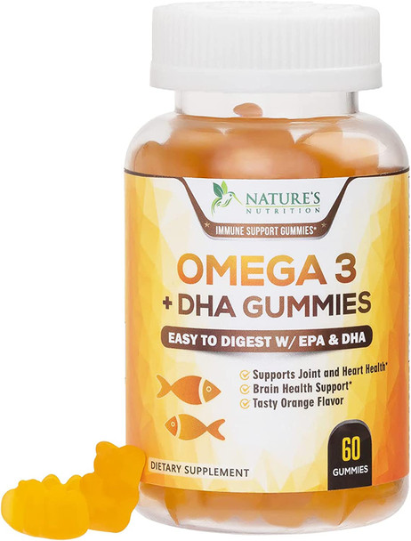 Omega 3 Fish Oil Gummies Tasty Natural Orange Flavor Extra Strength DHA & EPA, with Heart-Healthy Omega 3s, Brain Support and Joints Support, Delicious Gummy Vitamin for Men & Women - 60 Gummies