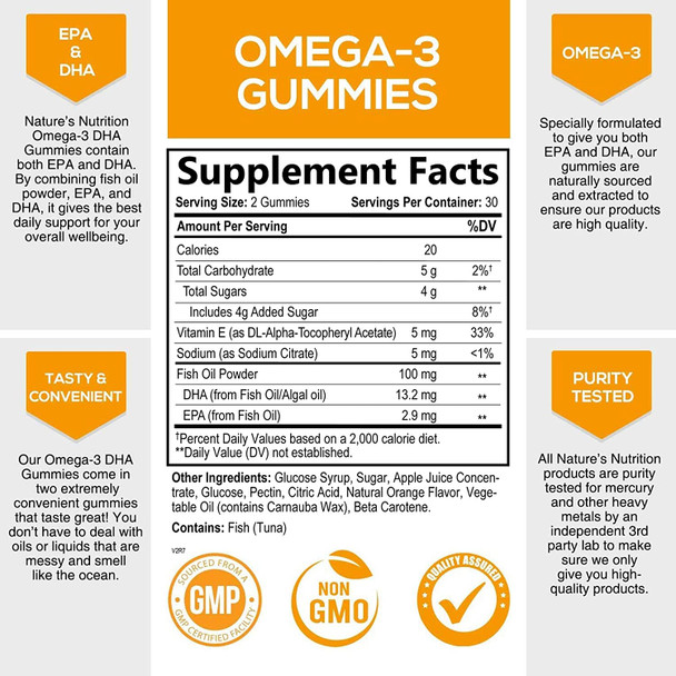 Omega 3 Fish Oil Gummies Tasty Natural Orange Flavor Extra Strength DHA & EPA, with Heart-Healthy Omega 3s, Brain Support and Joints Support, Delicious Gummy Vitamin for Men & Women - 60 Gummies