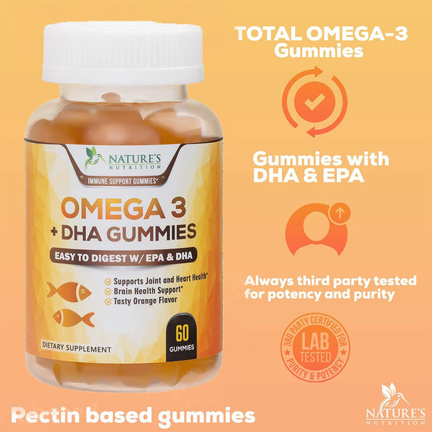 Omega 3 Fish Oil Gummies Tasty Natural Orange Flavor Extra Strength DHA & EPA, with Heart-Healthy Omega 3s, Brain Support and Joints Support, Delicious Gummy Vitamin for Men & Women - 60 Gummies