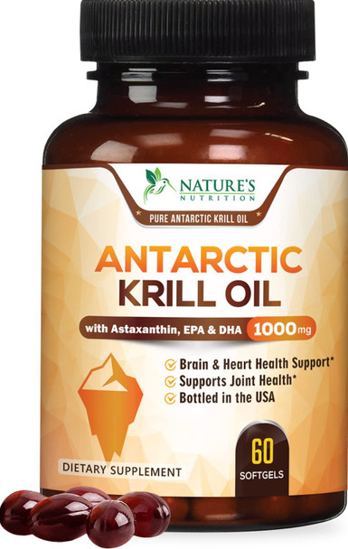 Antarctic Krill Oil 1000mg Extra Strength with Omega-3s, EPA, DHA, Astaxanthin & Phospholipids - Omega 3 Fatty Acids Supplement for Supporting Brain, Heart & Joints, Non-GMO - 60 Softgels