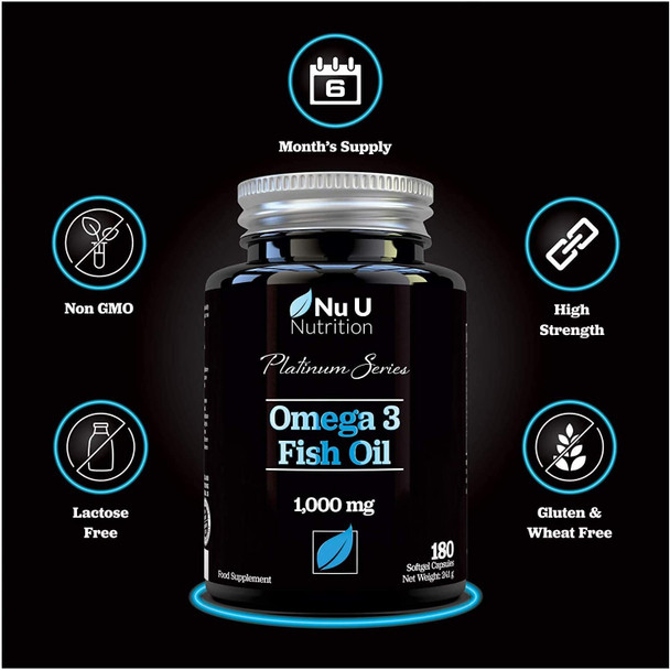 Omega 3 Fish Oil 1000mg Double Strength EPA & DHA Softgel Capsules, 180 (6 Month Supply) Premium Fish Oil Capsules 1000mg, Made in The UK Omega 3 Fish Oil 1000mg Double Strength EPA & DHA Softgel Capsules, 180 (6 Month Supply) Premium Fish Oil Capsules 1000mg, Made in The UK