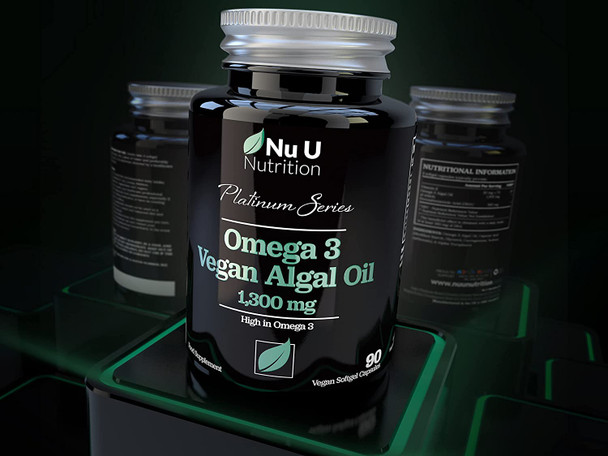 Vegan Omega 3 Rich Algae Oil Capsules with Vitamin E - 1300mg Algae Oil - Vegan DHA from Marine Algae Oil - 90 Omega 3 Softgel Capsules - Vegan and Vegetarian Omega 3