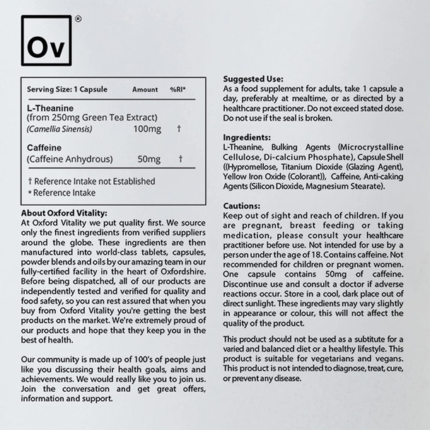 L-Theanine 100mg and Caffeine 50mg Capsules | Energy Boost, Alertness, Invigorating | Oxford Vitality (120)