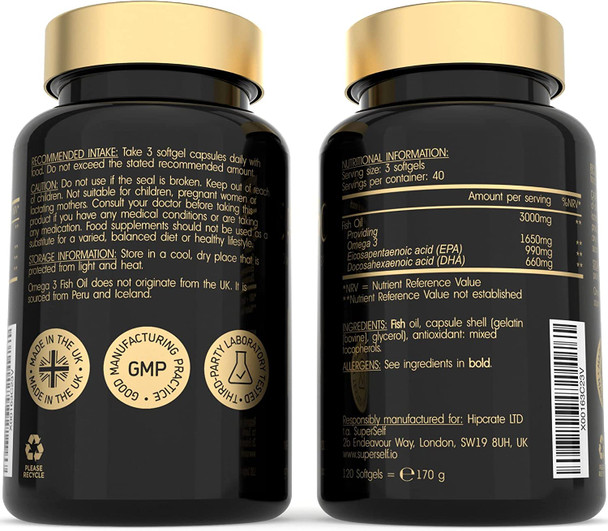Fish Oil Omega 3 Capsules - High Strength 3000mg - 120 Softgel Capsules - Easy to Swallow & Burpless - Triple Potency DHA 660mg & EPA 990mg - UK Made Omega 3 Supplement - 1000mg Fish Oil per Tablet Fish Oil Omega 3 Capsules - High Strength 3000mg - 120 Softgel Capsules - Easy to Swallow & Burpless - Triple Potency DHA 660mg & EPA 990mg - UK Made Omega 3 Supplement - 1000mg Fish Oil per Tablet