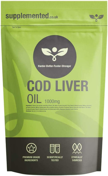 Cod Liver Oil 1000mg 180 Capsules, Softgels - Pure, High Strength UK Made. Pharmaceutical Grade