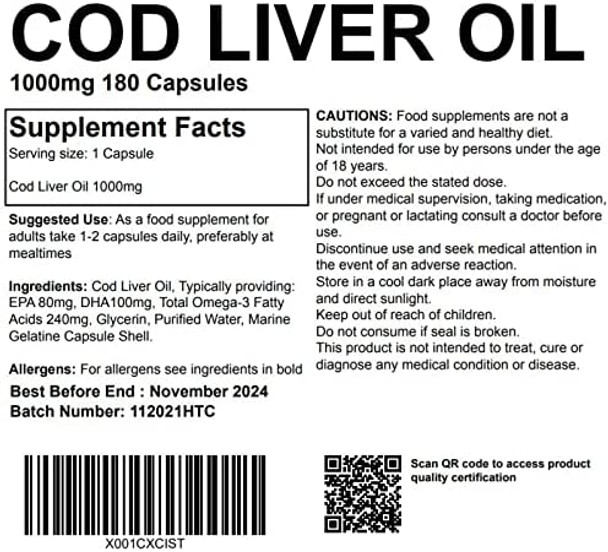 Cod Liver Oil 1000mg 180 Capsules, Softgels - Pure, High Strength UK Made. Pharmaceutical Grade