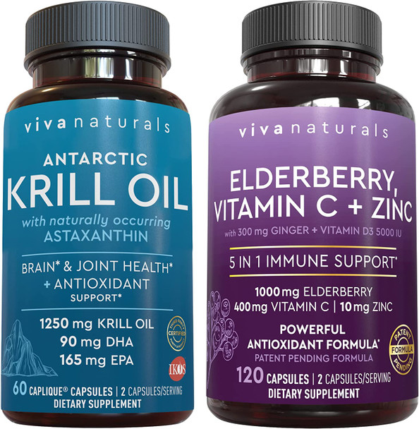 Antarctic Krill Oil and Elderberry, Vitamin C, Zinc and Vitamin D3 5000 IU Bundle, 1250 mg of Krill Oil Providing Omega 3 EPA and DHA for Joint Health, Elderberry for Immune Support
