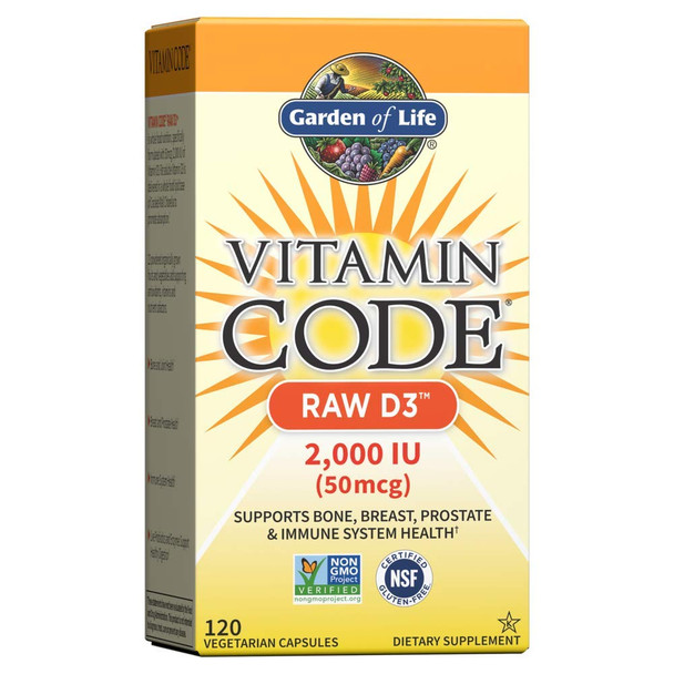 Garden of Life Vitamin D, Vitamin Code Raw D3, Vitamin D 2,000 IU, Raw Whole Food Vitamin D Supplements with Chlorella, Fruit, Veggies & Probiotics for Bone & Immune Health, 120 Vegetarian Capsules