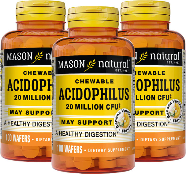 Mason Natural Acidophilus 20 Million CFU - A Healthy Digestion, Improved Gastrointestinal Health, Vanilla Banana Flavor, 100 Chewables (Pack of 3)