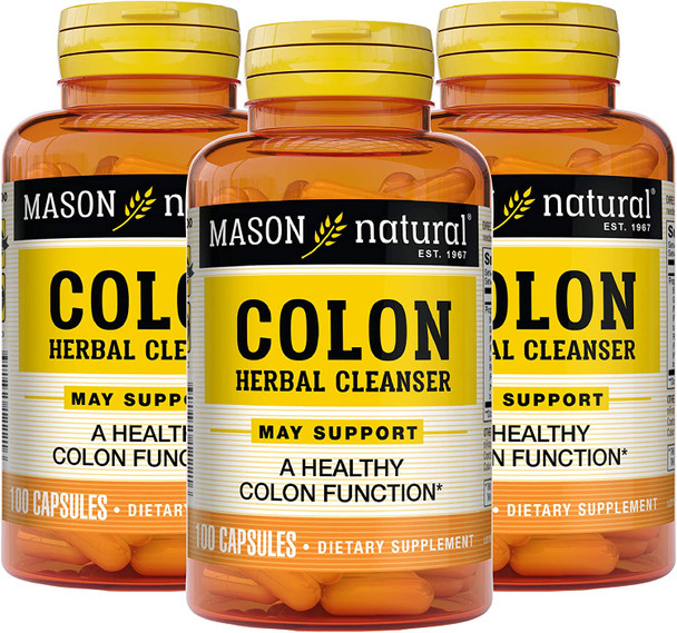MASON NATURAL Colon Herbal Cleanser, Dietary Supplement Supports Digestive Health with Soluble Fibers, Probiotics and Herbs, 100 Count, Pack of 3