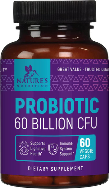 Probiotics 60 Billion CFU - Digestive & Immune Support for Women & Men - 5 Proven Strains Including L-Acidophilus, Plantarum, Paracasei & Prebiotics - Shelf Stable & Non-GMO Supplements - 60 Capsules