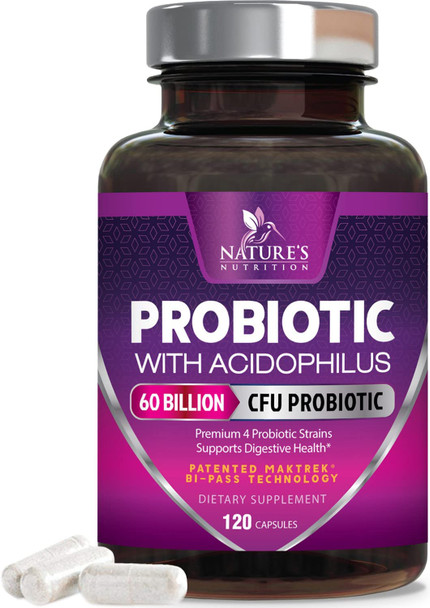 Probiotics for Digestive Support - 60 Billion CFU including L-Acidophilus, Plantarum, Paracasei & Prebiotics - 5 Strains for Gut Health - Shelf Stable & Non-GMO for Women & Men - 120 Capsules