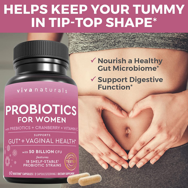 Probiotics for Women with 50 Billion CFU from 18 Strains (60 Capsules) - Shelf-Stable Probiotics for Digestive Health, Made with Prebiotics and Cranberry, Supports Vaginal Health & Gut Health