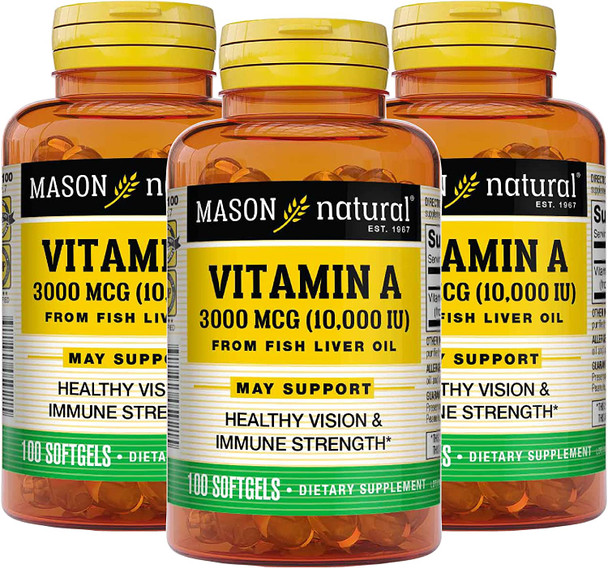 MASON NATURAL Vitamin A 3,000 mcg 10000 IU from Fish Liver Oil, Promotes Healthy Vision, Supports a Healthy Immune System, Essential Nutrient, Softgels, Yellow, 100 Count, Pack of 3