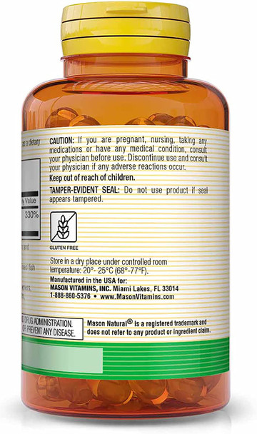 MASON NATURAL Vitamin A 3,000 mcg 10000 IU from Fish Liver Oil, Promotes Healthy Vision, Supports a Healthy Immune System, Essential Nutrient, Softgels, Yellow, 100 Count, Pack of 3