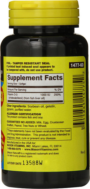 Mason Natural Vitamin D3 25 Mcg (1000 Iu) - Supports Overall Health, Strengthens Bones And Muscles, From Fish Liver Oil, 60 Softgels (Pack Of 3)