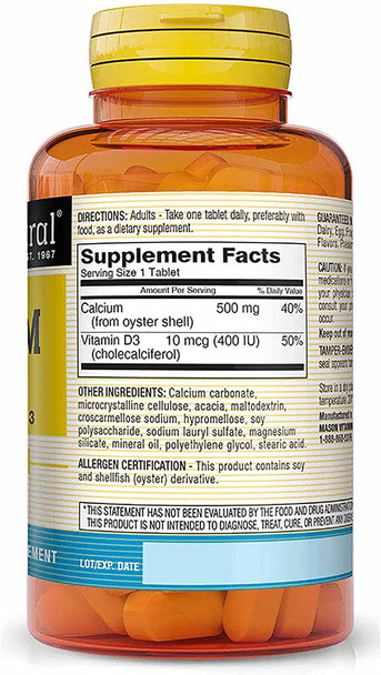 Mason Natural Calcium 500 Mg (Oyster Shell) With Vitamin D3 - Strengthens Muscle Function, Supports Healthy Bones And Overall Health, 250 Tablets