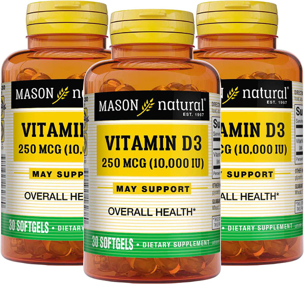 Mason Natural Vitamin D3 250 mcg (10000 IU) - Supports Overall Health, Strengthens Bones and Muscles, from Corn Oil, 30 Softgels (Pack of 3)