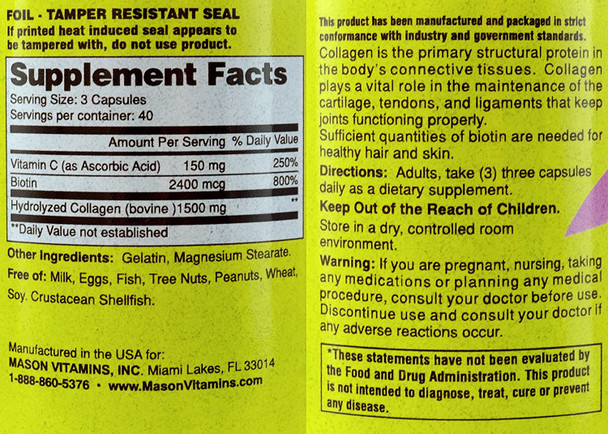 Mason Natural Collagen plus Vitamin C, 1500 mg, 120 Capsules (Pack of 2)